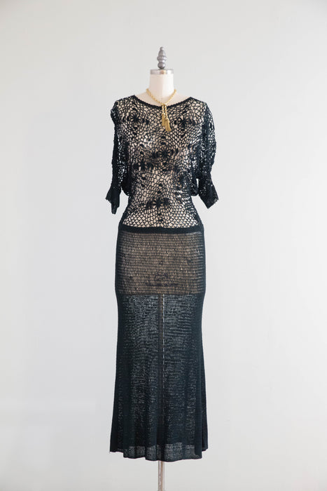 Exquisite 1930’s Hand-Crocheted Forest Green Evening Dress / m