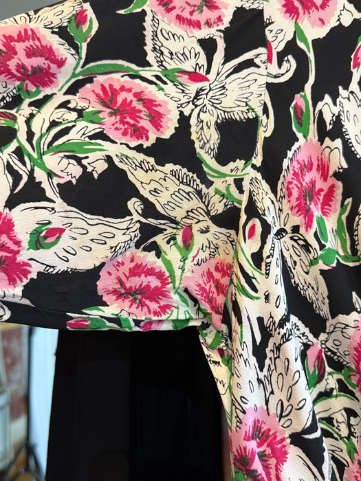 Vintage 1940's Carnations & Butterflies Print Floral Rayon Dress with Bows / M