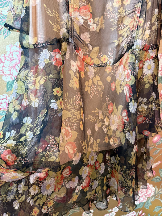 Gorgeous 1920's Autumn Floral Silk Chiffon Afternoon Dress / M
