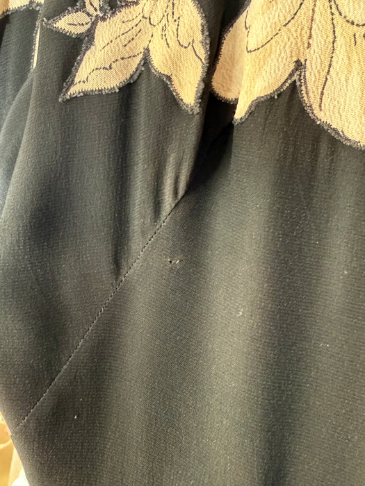 Fabulous 1940's Black Rayon Cocktail Dress With Floral Appliques' / S