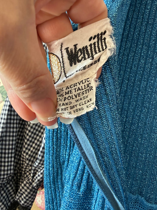 Stunning 1970's Mermaid Blue Metallic Lurex Knit Maxi Dress / SML
