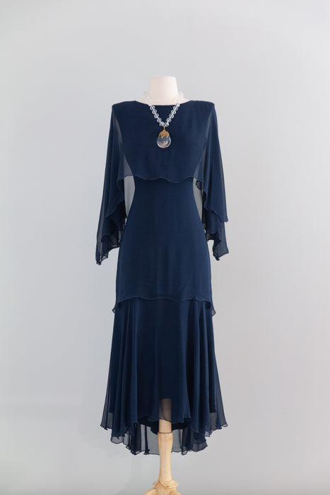 Rare Vintage Holly’s Harp Navy Silk Chiffon Tiered Gown / M