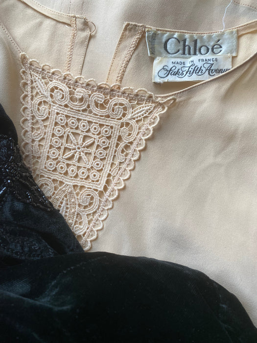 Beautiful Vintage Chloe Silk Shell Top With Lace Inset / Small