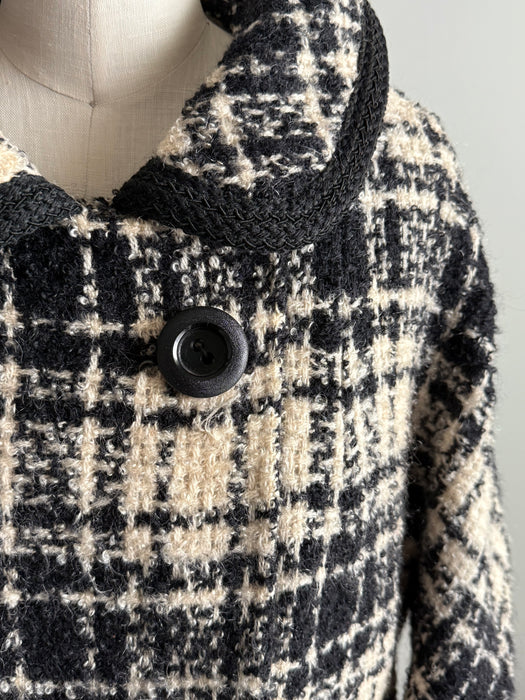 Classic 1960s Modelia Black and Ivory Wool Boucle Cocoon Coat / M