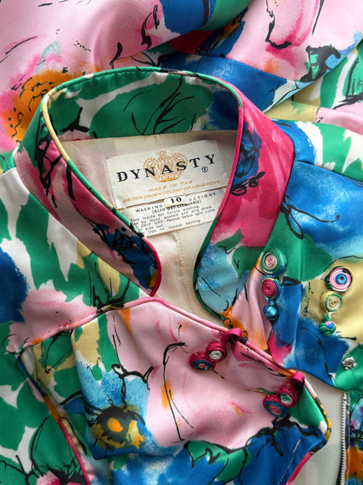 Glamorous 1960's Garden Print Cheongsam Maxi Dress By Dynasty / M