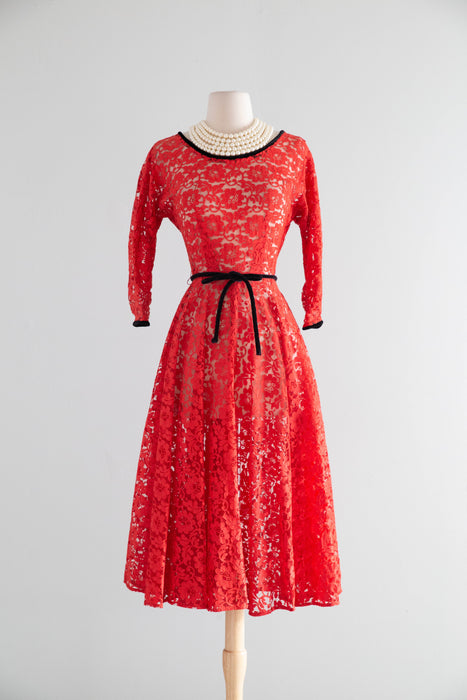 Stunning 1950's Scarlet Lace Full Skirt Cocktail Dress / SM