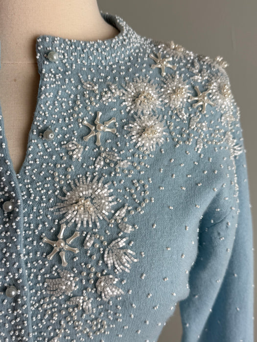 Beautiful 1960's Powder Blue Beaded Lambswool Cardigan / M