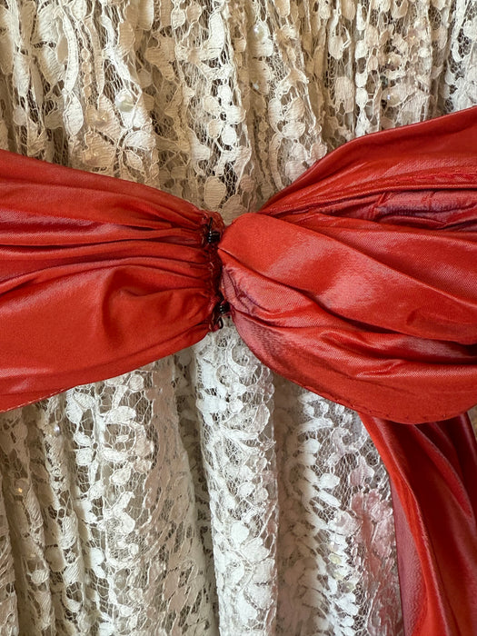 Stunning 1950's Ivory Lace Party Dress With Scarlet Sash & Sequins / Small