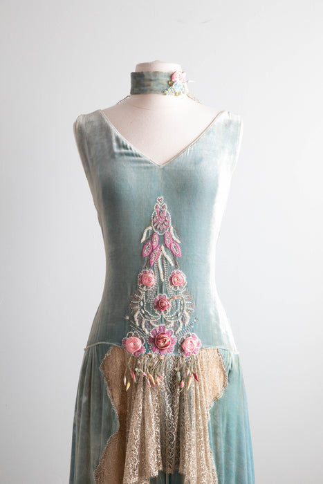 Museum Quality 1920’s Erotic Couture Evening Dress By Sadie Nemser 'Secret Garden' Aquamarine Silk Velvet / Small