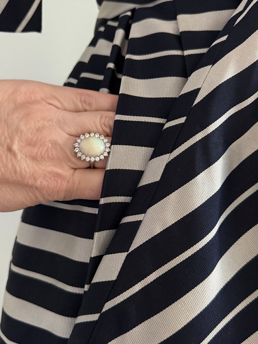 Chic Early 1960's Silver & Navy Blue Striped Silk Dress From Lipman's / XS