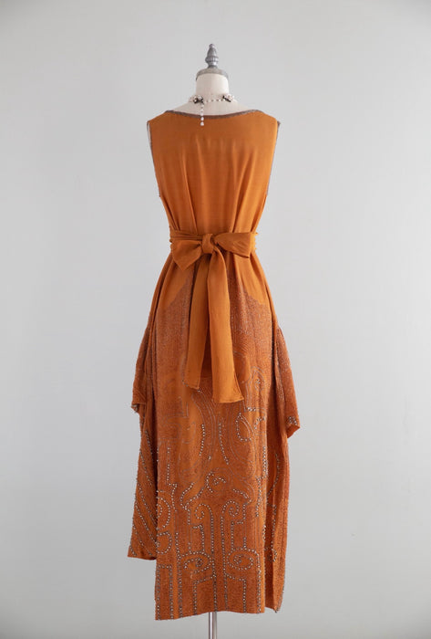 Rare 1920's Beaded French Flapper Dress in Saffron Silk By Bab / SM