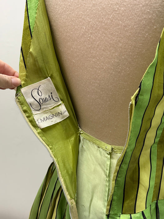 Rare Early 1960's Arnold Scaasi Couture Lime Citrus Striped Party Dress / Small