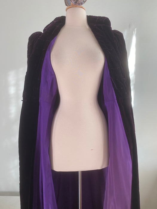 Rare 1930's Aubergine Silk Velvet Maxi Coat With Silk Lining / SM