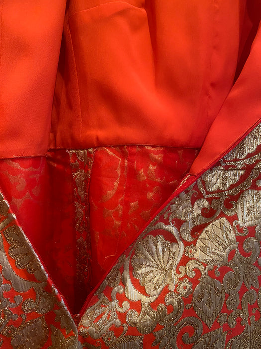 Vintage 1960's Golden Coral Brocade Evening Gown / ML