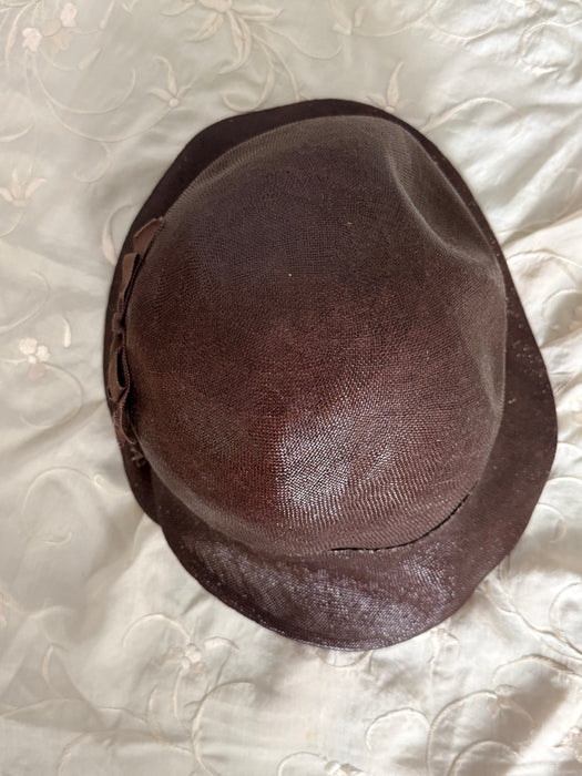 1920's Glossy Chocolate Straw Cloche Hat From I.Magnin