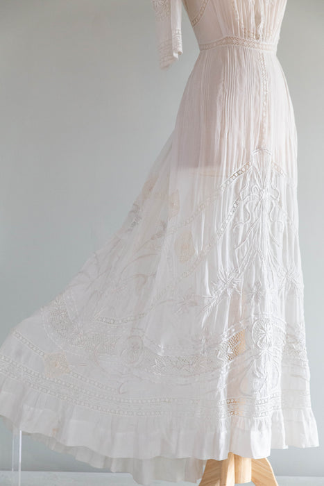 Extraordinary Antique Edwardian Hand Embroidered Wedding Gown / SM
