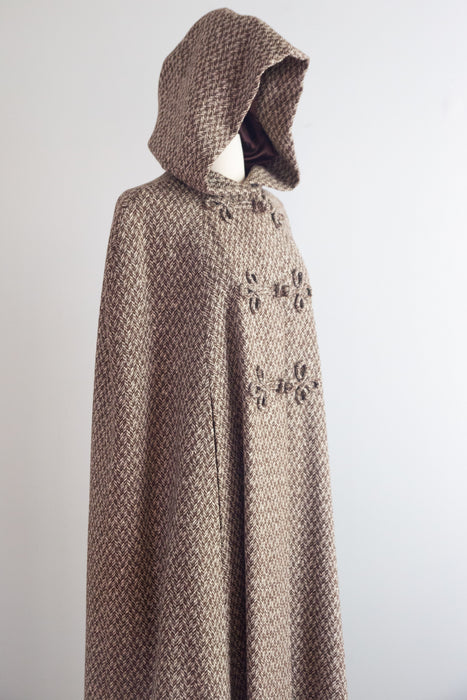 Dramatic 1970’s Wool Herringbone Full Length Hooded Cape / OSFM