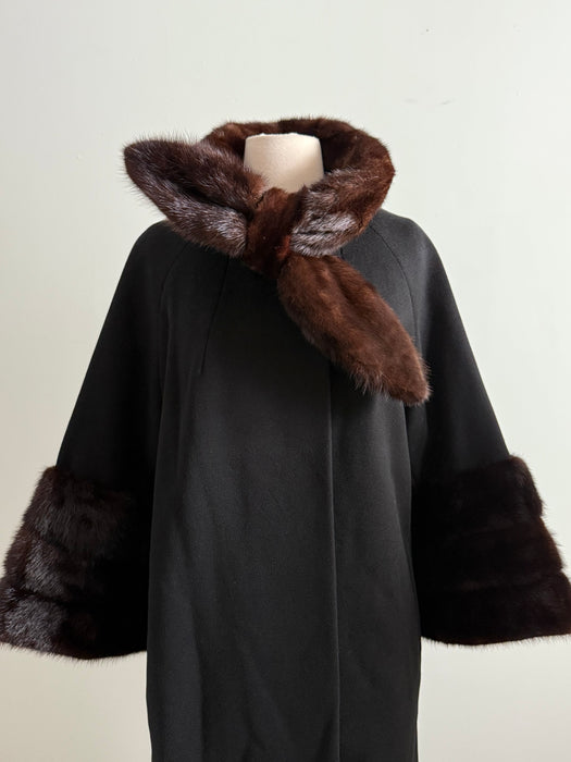 Gorgeous Late 1950's Blin & Blin Wool Cocoon Coat With Mink Trim / ML