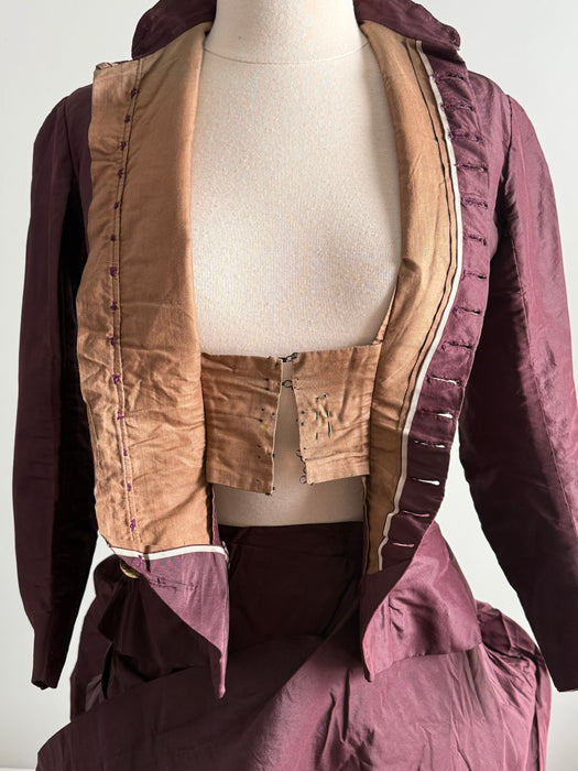 Antique 1880s Bustle Era Two-Piece in Aubergine Silk Taffeta with Celestial Buttons / XS