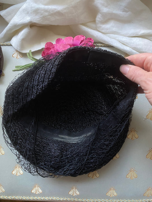 Glamorous 1940's Black Straw Hat With Dramatic Veiling & Millinery Flowers