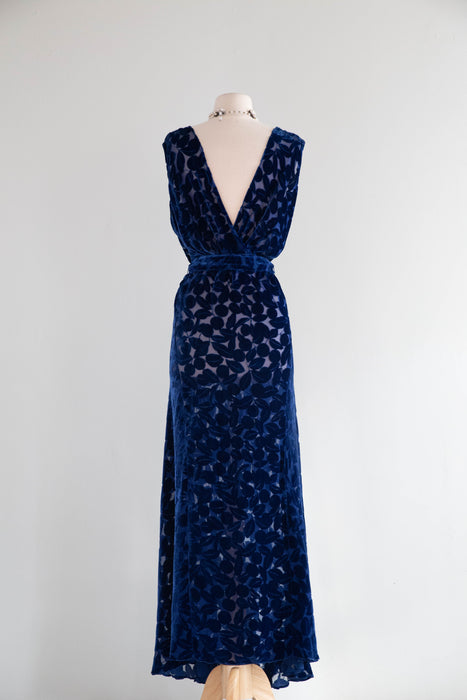 Exquisite 1930s Sapphire Devoré Velvet Bias Cut Evening Gown & Cape / M