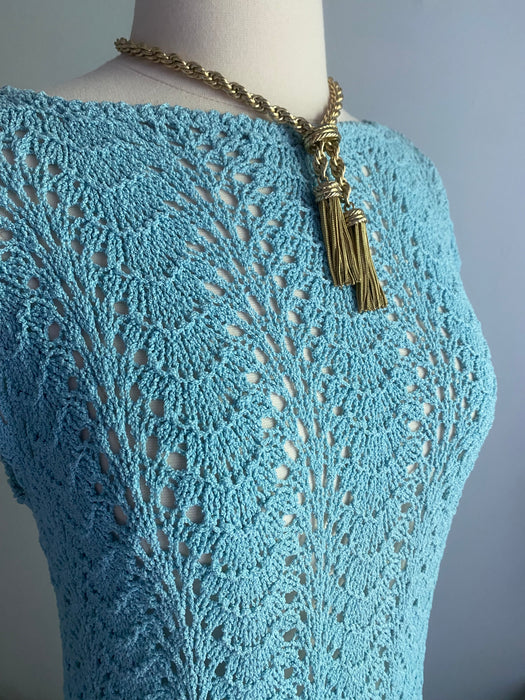 Dreamy 1930's Powder Blue Hand Knit Dress With Dropped Waist / ML