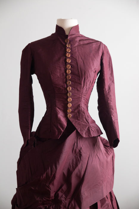 Antique 1880s Bustle Era Two-Piece in Aubergine Silk Taffeta with Celestial Buttons / XS
