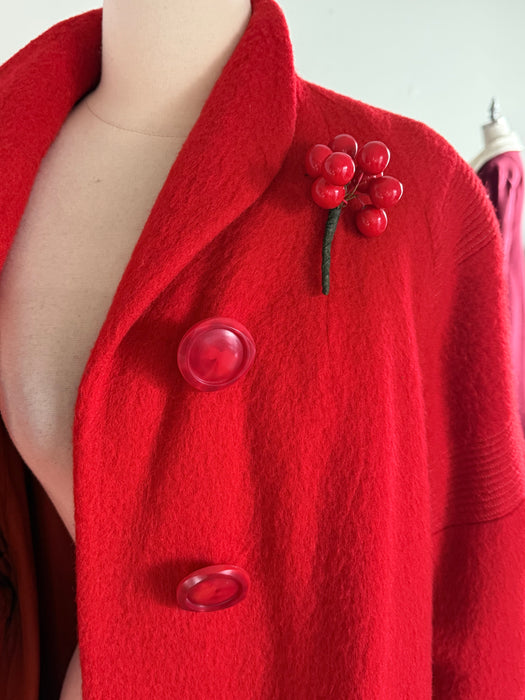 Fabulous 1950's Cherry Red Lamaloft Llama & Wool Swing Coat / XL