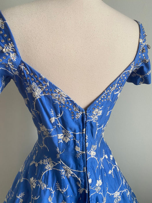 Stunning 1950's Perullo Embroidered Blue Party Dress / M