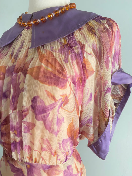 Glorious 1930's Silk Chiffon Morning Glory Print Bias Cut Gown In Shades of Autumn Foliage / SM