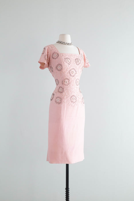 Stunning 1950’s Frank Starr Beaded Peony Pink Silk Cocktail Dress / ML