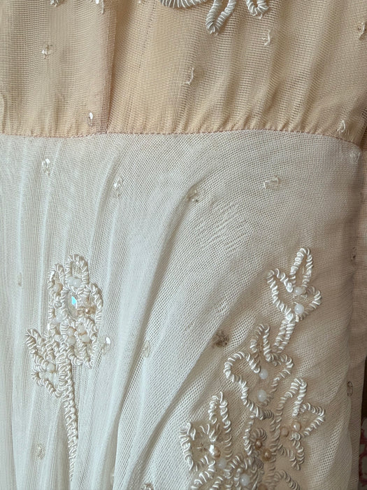 Gorgeous 1940's Martini Designed Ivory Chiffon Evening Gown With Nude Illusion Bodice / SM