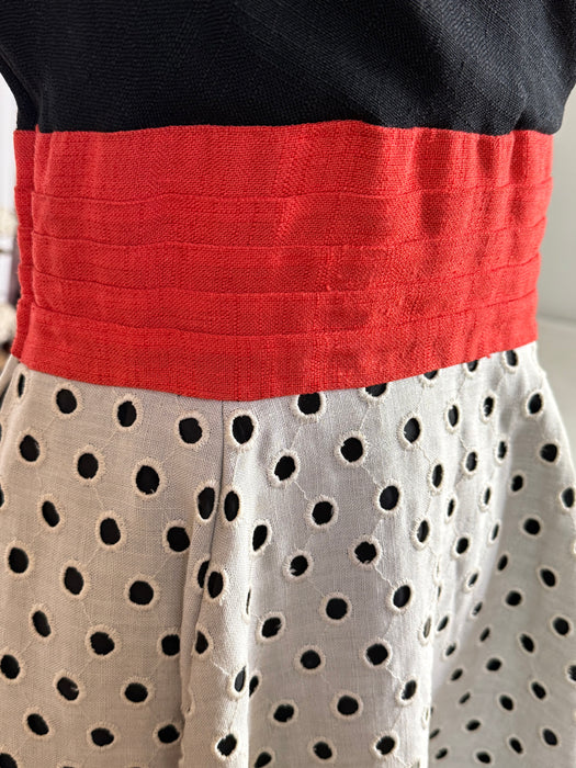 Fabulous Early 1950's Claudia Young Polka Dot Linen Dress With Pockets / S