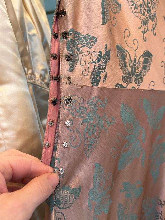 Sublime 1930's Pale Pink & Teal Butterfly Silk Bias Cut Gown / XS