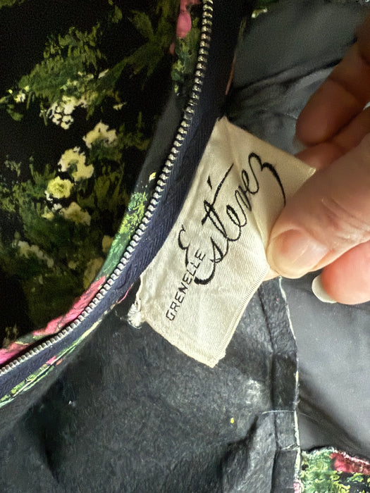 Fabulous 1950's Estevez Polished Cotton Floral Print Party Dress / XS