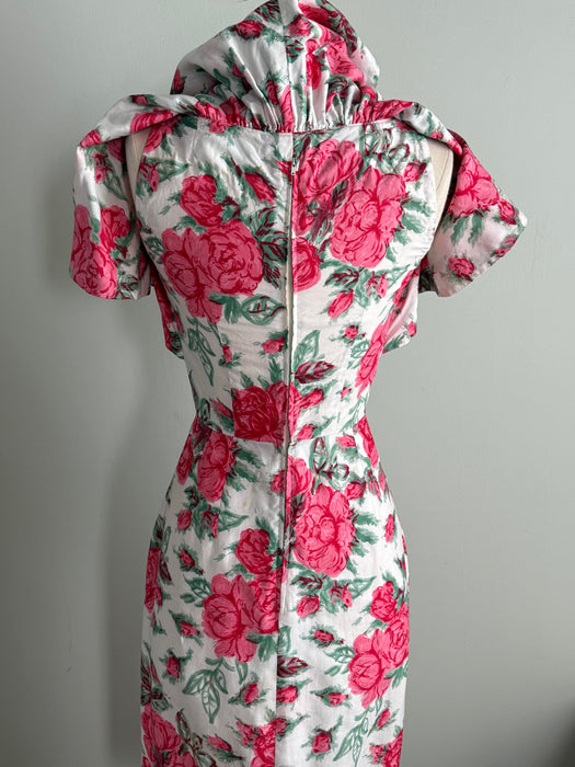 Fabulous 1950's Rose Print Wiggle Dress In Polished Cotton With Cape Sleeves / XS