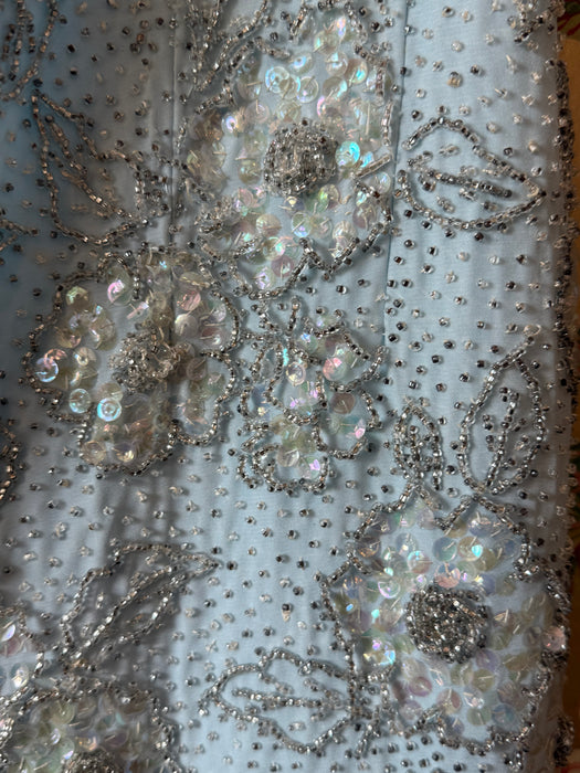 Glamorous Early 1960's Mirror Blue Hand Beaded Evening Dress By Irene Sargent / SM