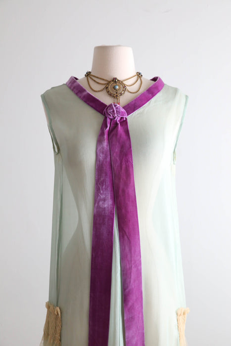 Ethereal 1920’s Aquamarine & Violet Sheer Silk Chiffon Flapper Dress With Embroidered Net