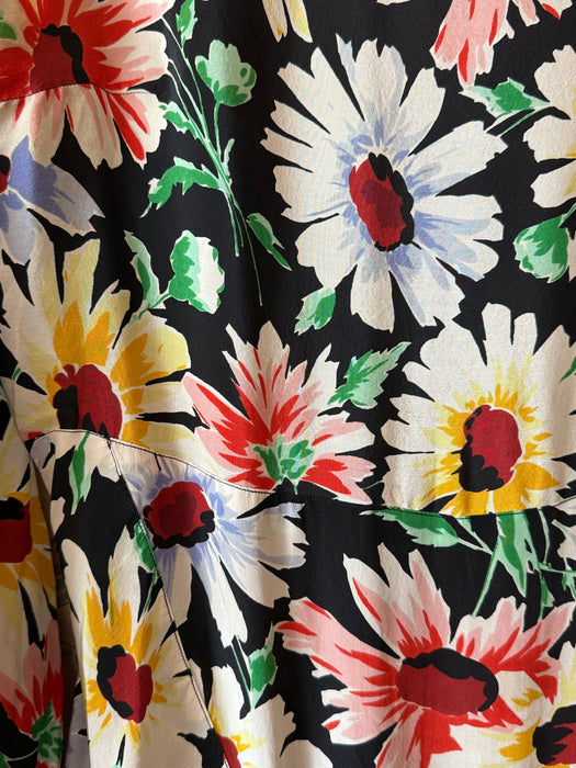 Gorgeous 1930's Rainbow Daisy Print Silk Bias Cut Gown With Bishop Sleeves / Small