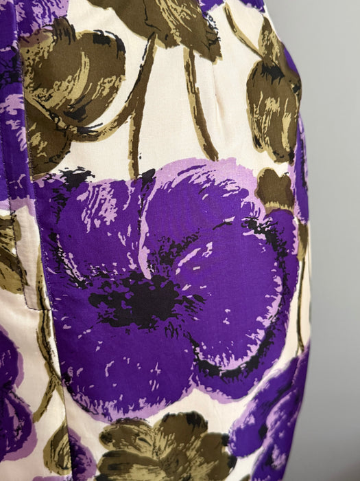 Glamorous 1950's Silk Cocktail Dress With Luscious Purple Blooms / S