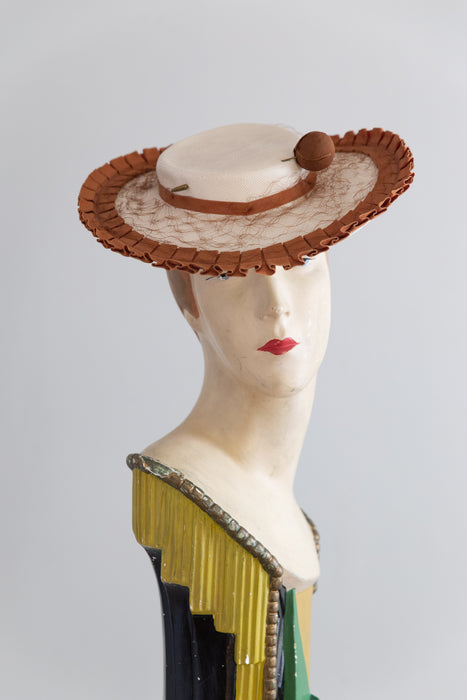 Wonderful 1930s White Straw Tilt Hat with Caramel Grosgrain Trim, Veiling, and Hatpin