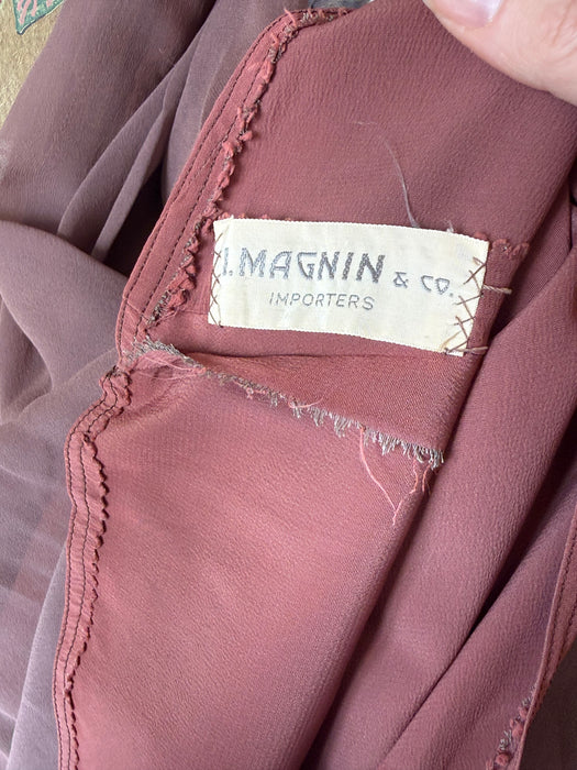 Elegant Late 1940's I.Magnin Silk Chiffon & Lace Rosewood Cocktail Dress / SM