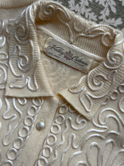 Marvelous 1950's Ivory Pearl Soutache Cashmere Cardigan By Hadley / SM