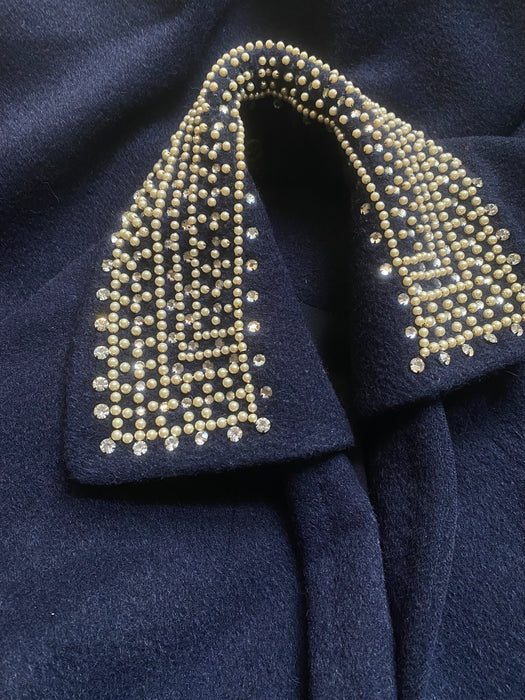 Elegant 1960's Navy Blue Cocoon Coat With Beaded Collar / Medium