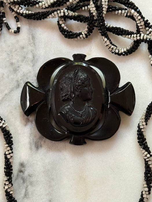 1930s Victorian Revival Carved Black Bakelite Cameo Brooch