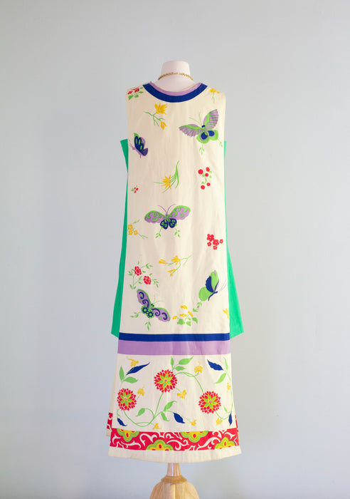 Incredible 1960’s Neiman Marcus Cotton Butterfly Print Color Block Shift Dress / ML