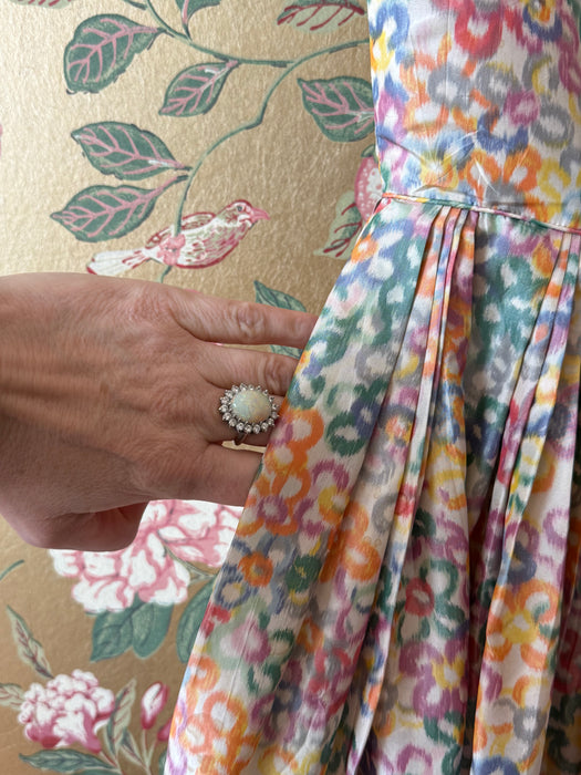 Enchanting 1950’s Pastel Garden Silk Floral Party Dress With Pockets! / Small