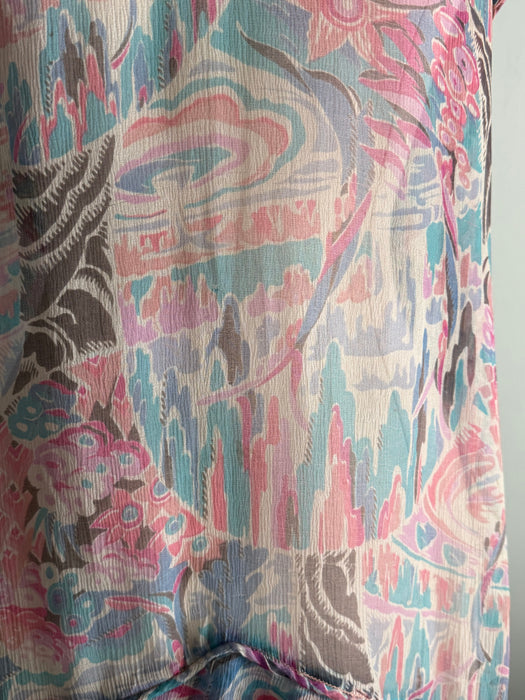Diaphanous Late 1920's Moon Garden Print Silk Chiffon Sheer Dress / Sm