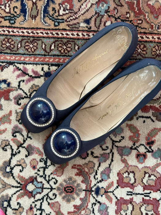 Elegant 1960's Navy Cabochon Heels From Saks. Fifth Ave. / 7a