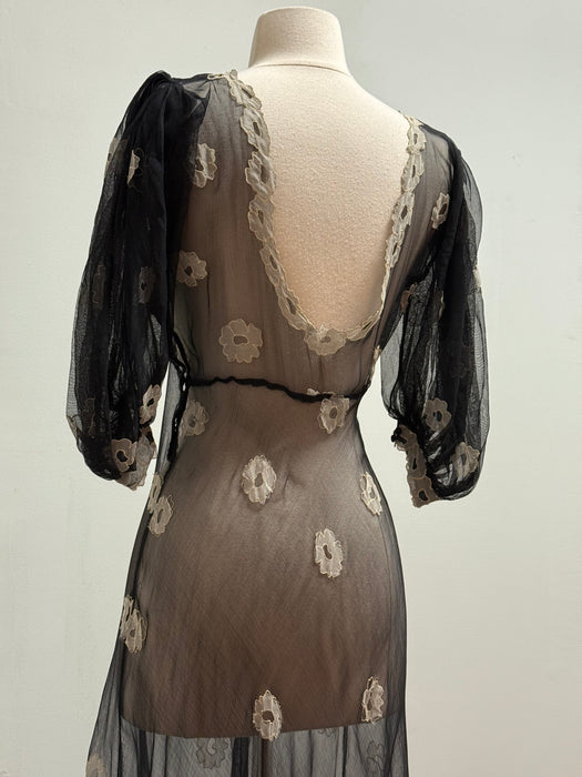 Ethereal 1930's Embroidered Sheer Black Silk Net Bias Cut Gown / S